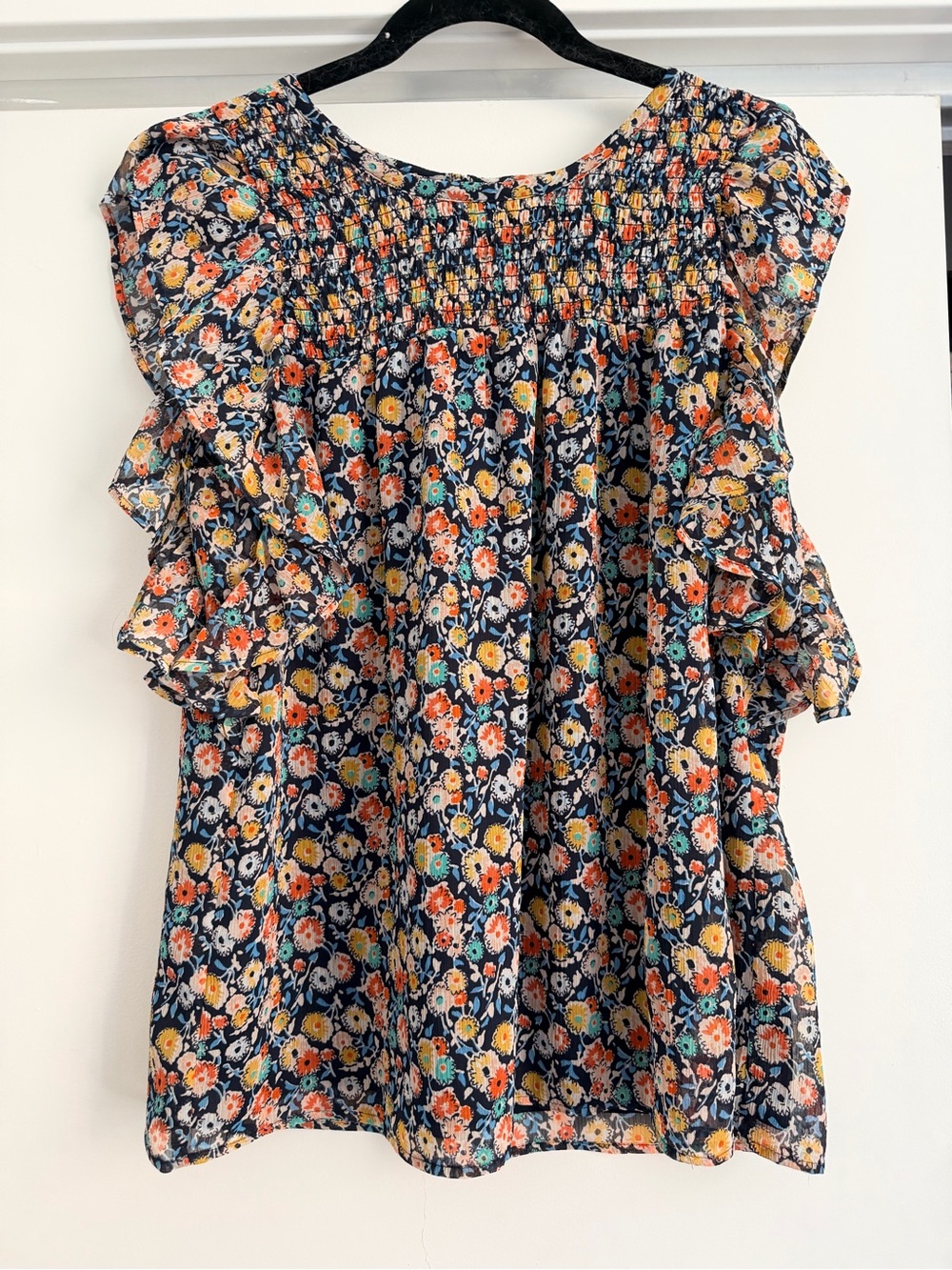 Loft Navy Floral Ruffle Smocked Top
